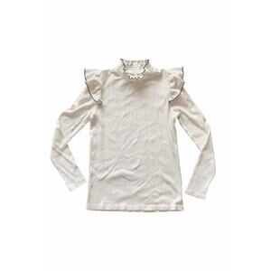 LOFT Womens Cream Ribbed Knit Ruffle Mock Neck Top Long Sleeve Size M